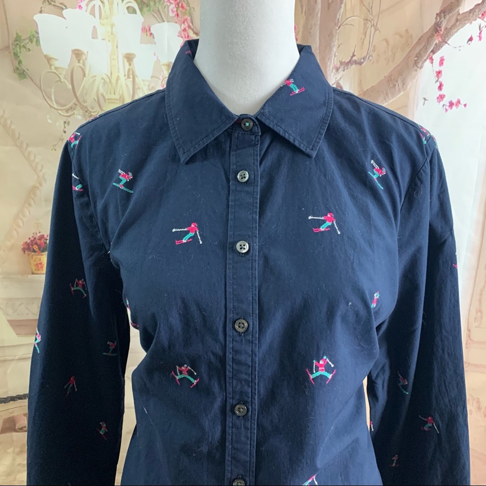 NEW Talbots Navy Embroidered Ski Print Button Down Shirt - Picture 2 of 10